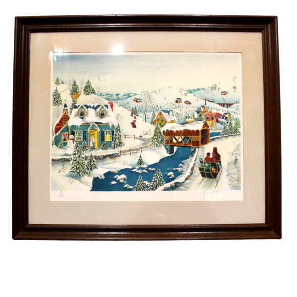 Vintage Framed Matted Lithograph Home for the Holidays Signed by Robert LoGrippo - Picture 1 of 8